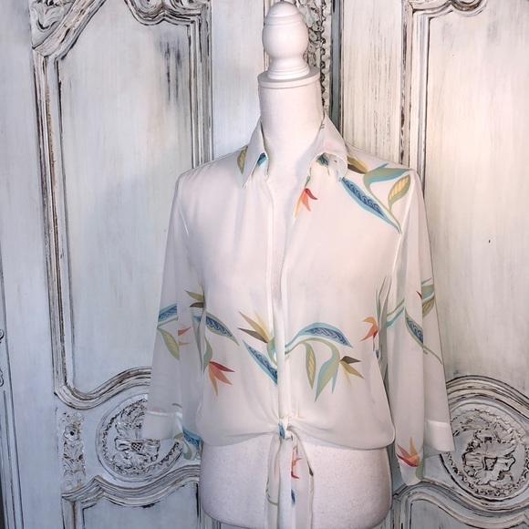 Banana Bay Fine Resort-wear Sheer Mid Sleeve Tropical Print Front Tie Top S/S - Picture 1 of 12